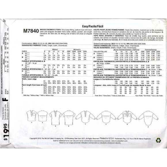 McCall's M7840 Misses 18 to 24 Loose Fitting Oversized Top Uncut Sewing Pattern - Picture 2 of 2